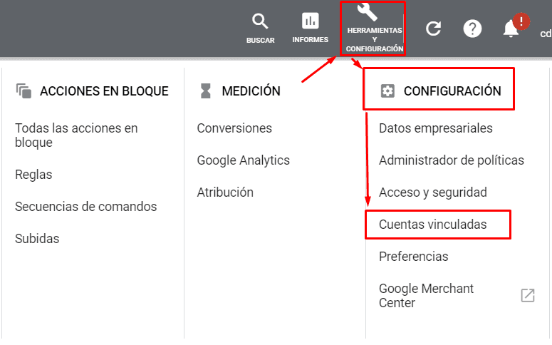 Vincular Google Ads con Google Analytics - Interfaz Google Ads