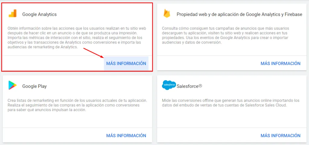 Vincular Google Ads con Google Analytics - Seleccionar producto