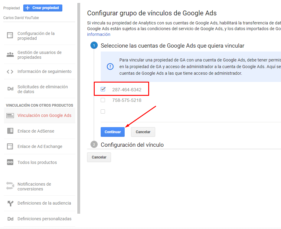 Seleccionar cuenta de Google Ads