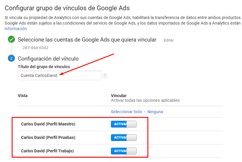 Seleccionar vistas de Google Analytics