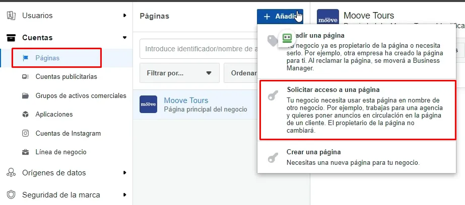Solicitar acceso a una página de Facebook