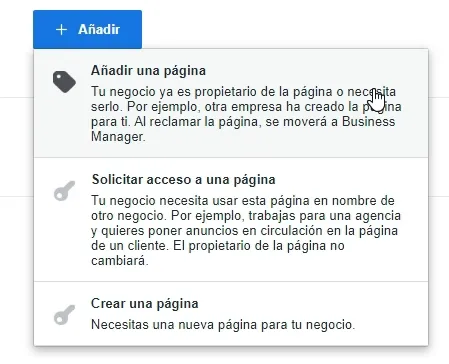 Añadir página Facebook a Business Manager