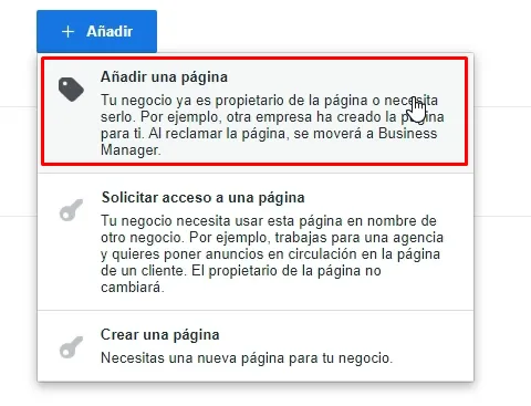 Añadir página de Facebook como propietario