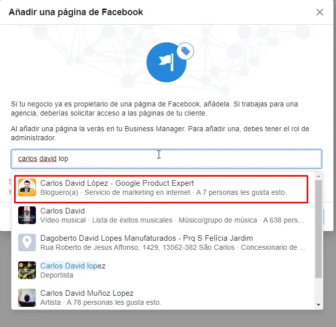 Buscar la página de Facebook a través del buscador