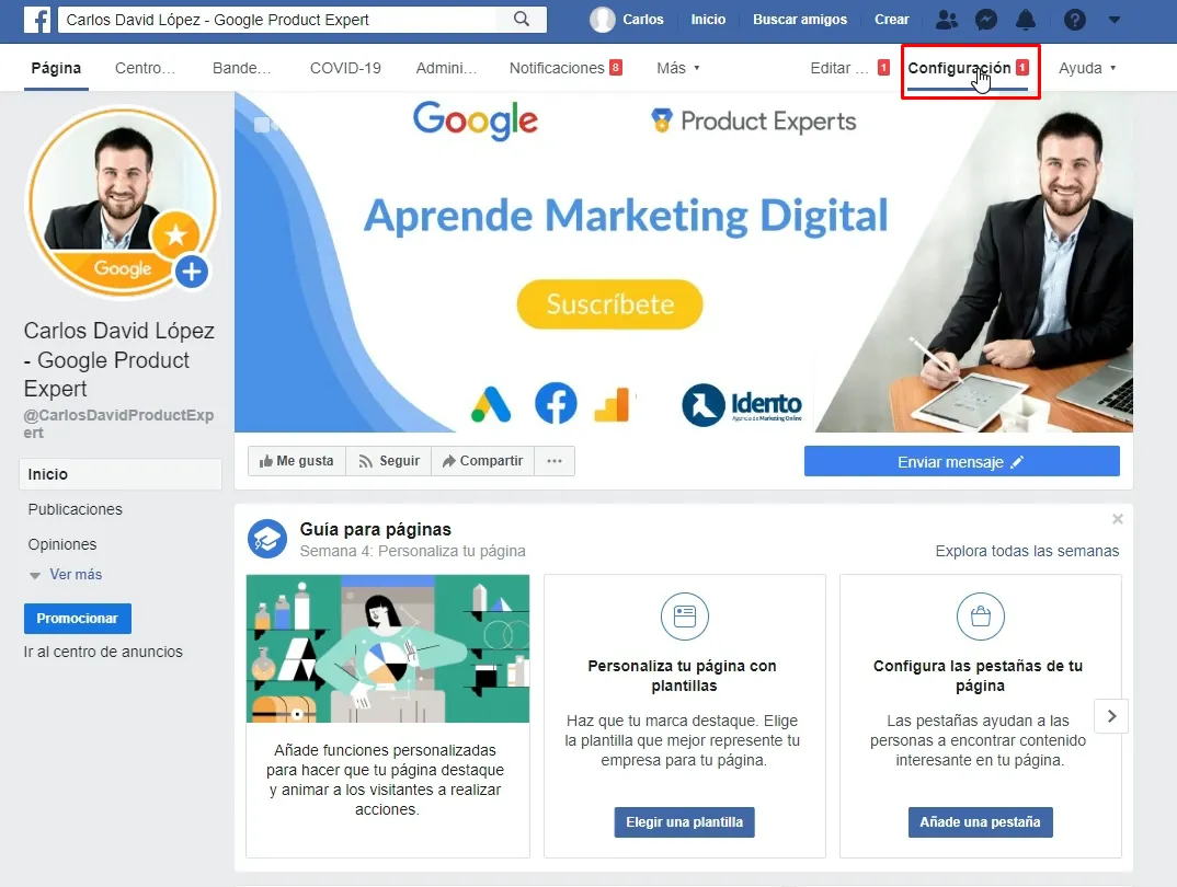 Acceder a la configuración de la página desde Facebook