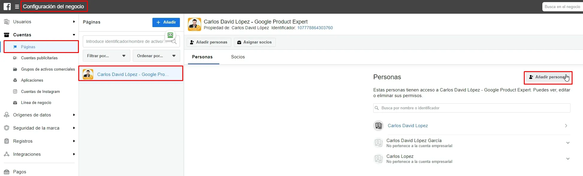 Añadir usuario a la página desde Business Manager