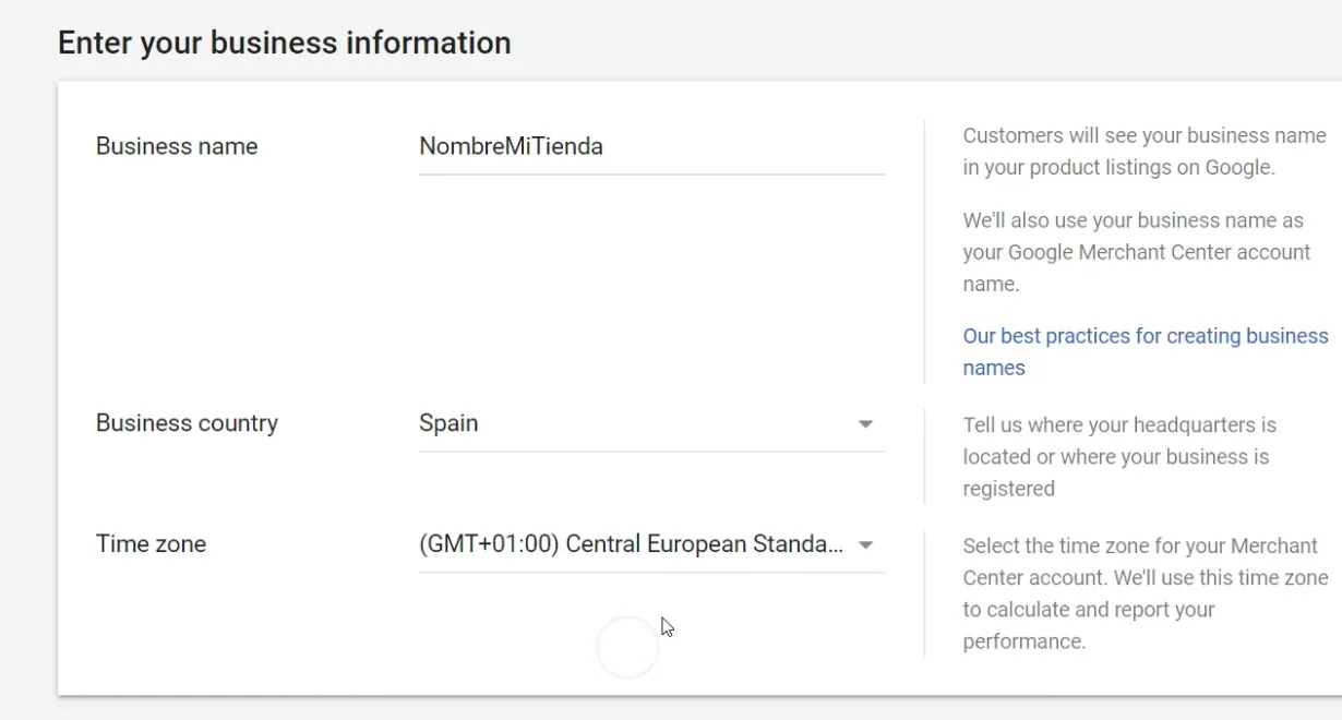 Crear cuenta de Google Merchant Center - Primeros datos