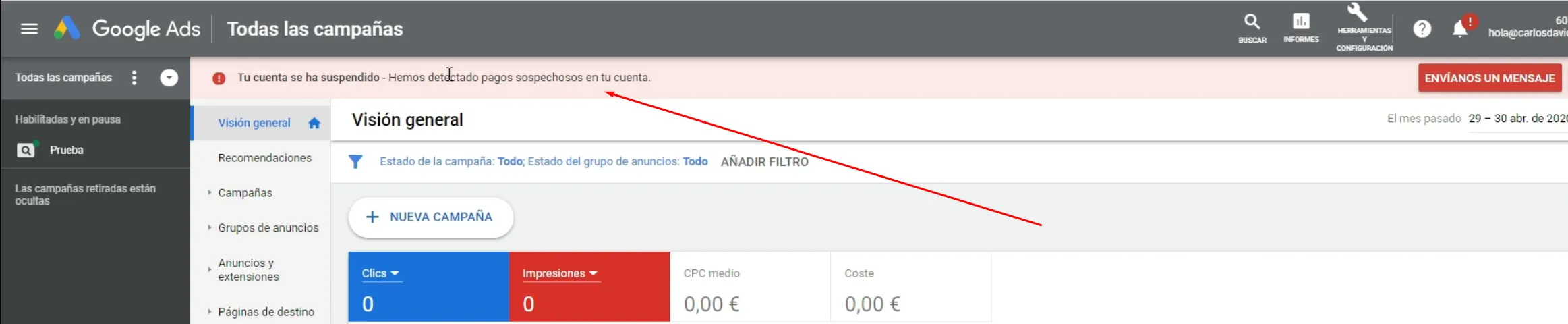 Analizar motivo de suspensión de cuenta en Google Ads