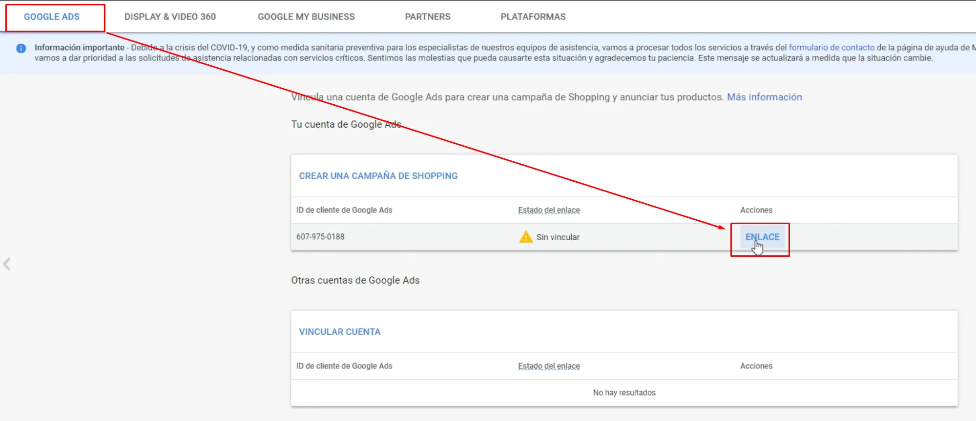 Cuentas vinculadas en Google Merchant Center