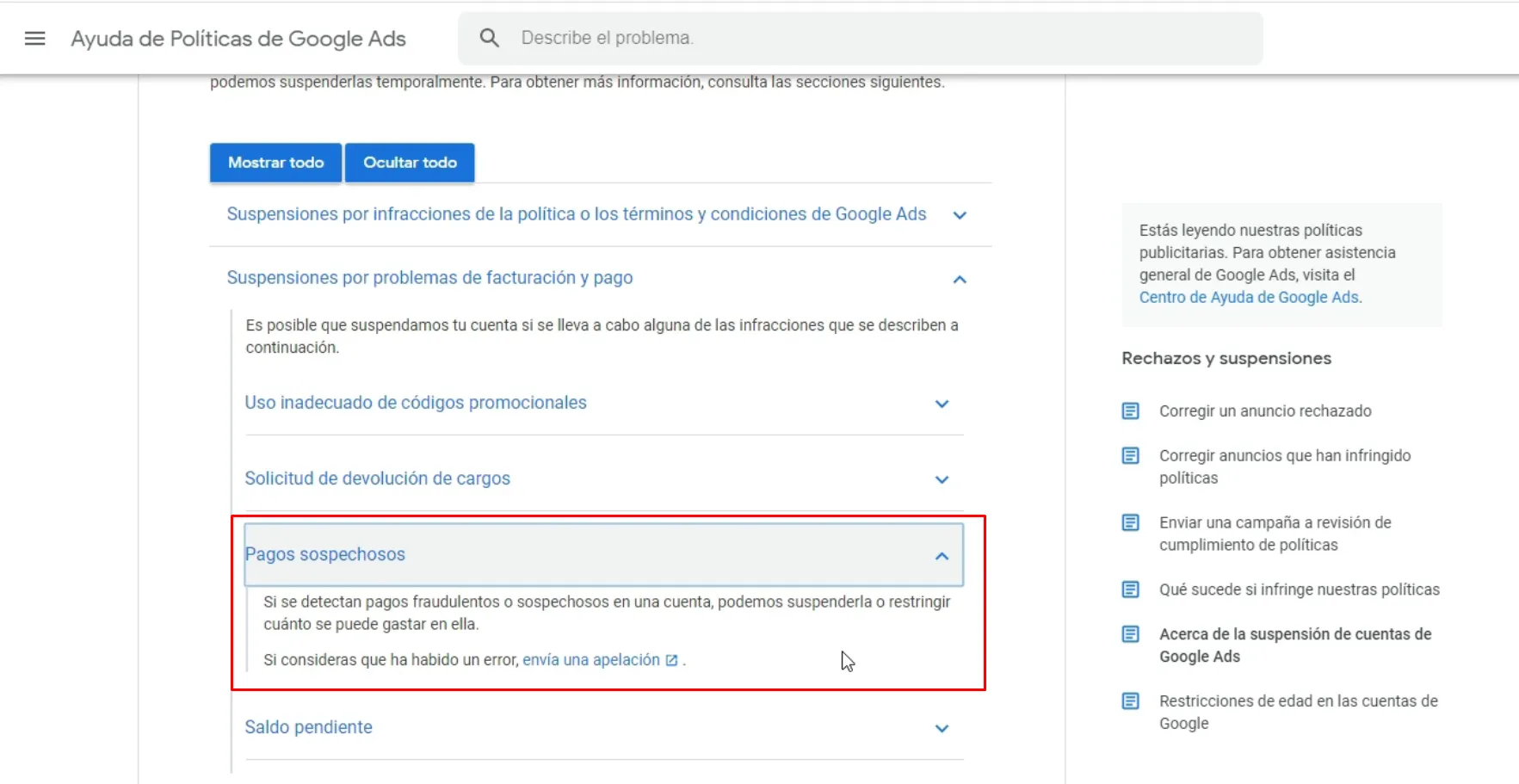 Consultar suspensión en políticas de Google Ads