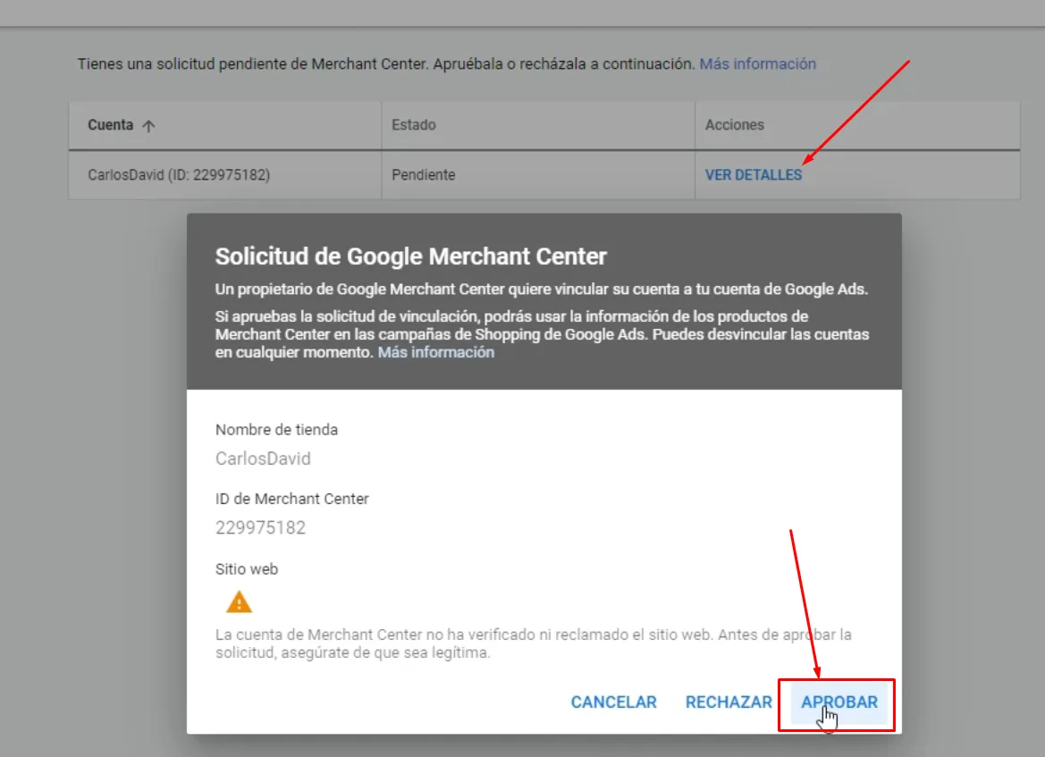 Aceptar solicitud en Google Ads