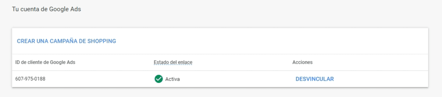 Enlace Google Merchant Center y Google Ads finalizado