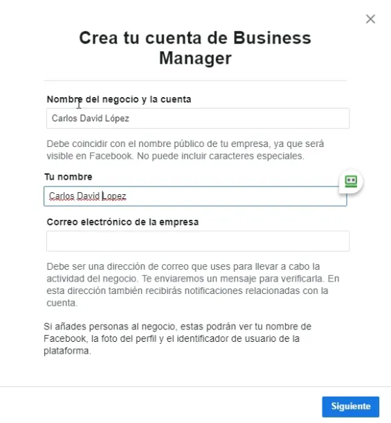Introducir datos de usuario en Business Manager
