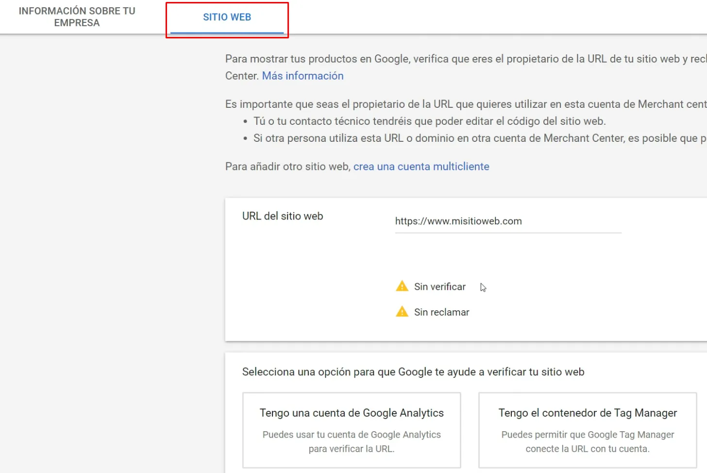 Añadir y verificar URL de sitio web