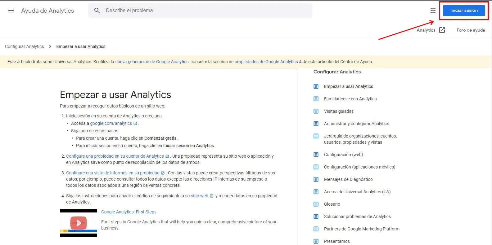 Iniciar sesión en Google Analytics