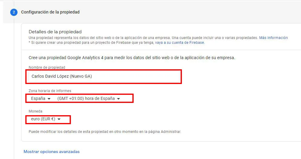 Configuración de la propiedad en Google Analytics GA4