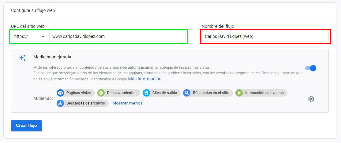Completar los datos según la elección de GA4