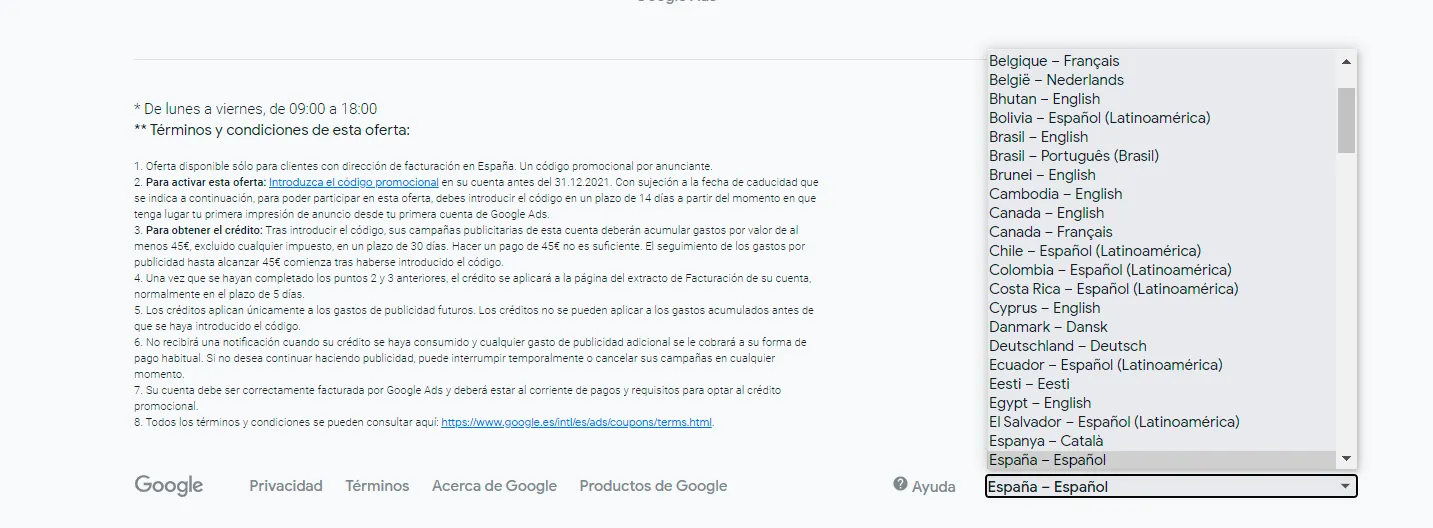 Seleccionando el país mediante la lista desplegable