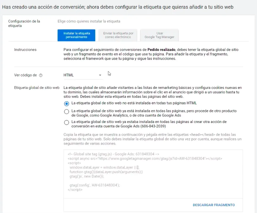 Instalar Etiqueta global de sitio web