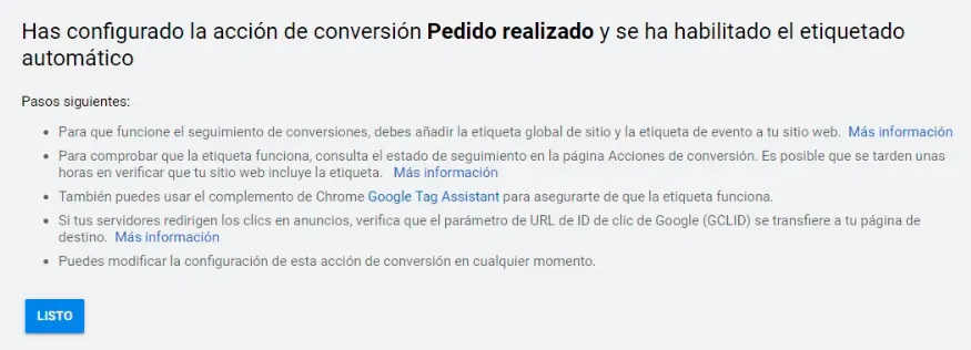 Fin de la configuración de la conversión en Google Ads