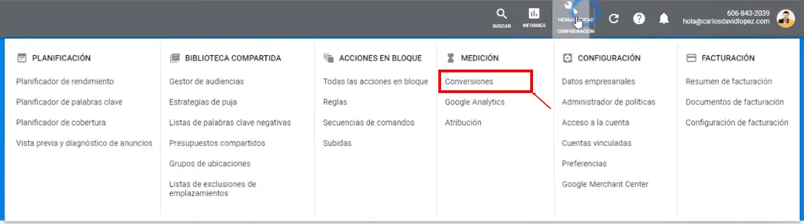 Acceder a Conversiones en Google Ads