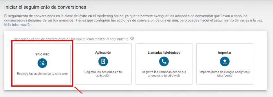Seleccionar el tipo de conversión en Google Ads