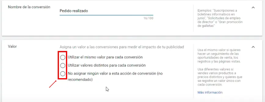 Valor de la conversión en Google Ads