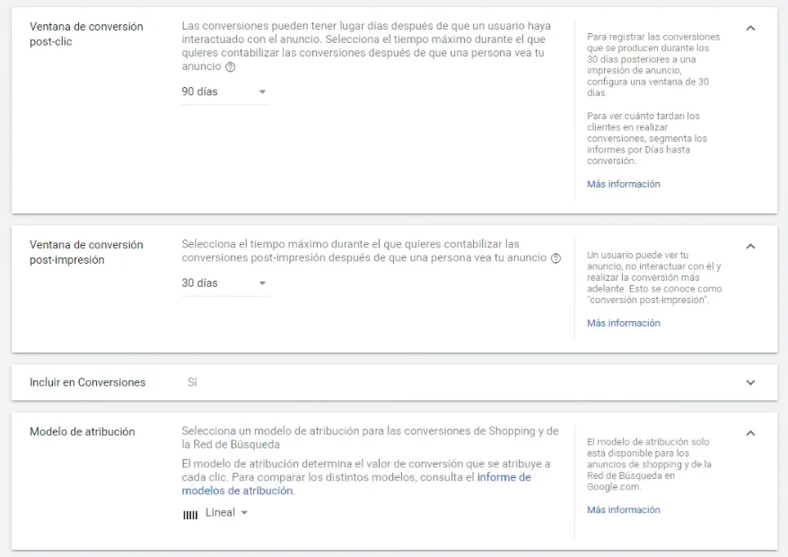 Configuraciones extra de la conversión en Google Ads