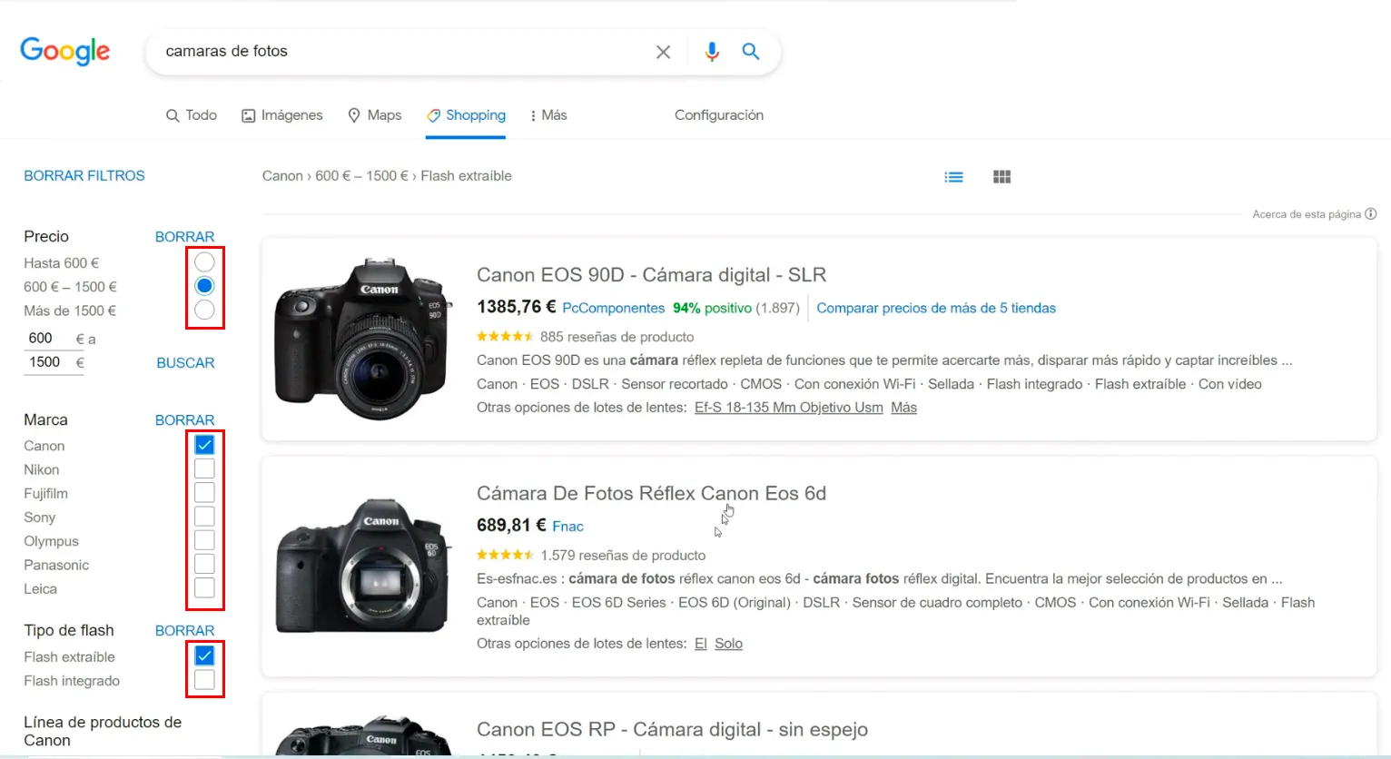 Filtros de Google Shopping