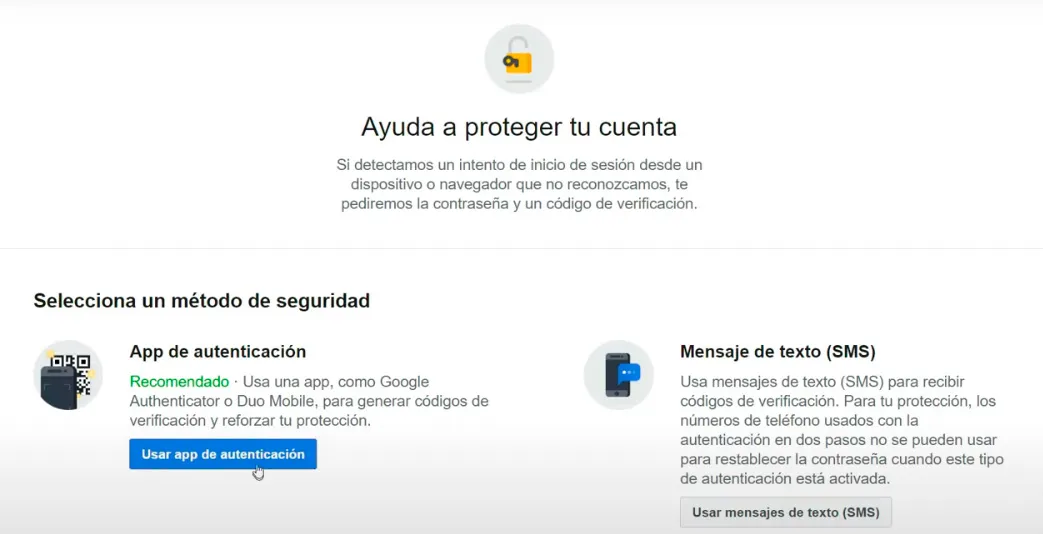 Seleccionar método de seguridad