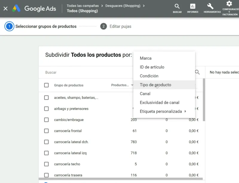 Subdivisión de productos en Google Shopping