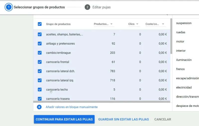 Seleccionar subdivisión de grupos de productos