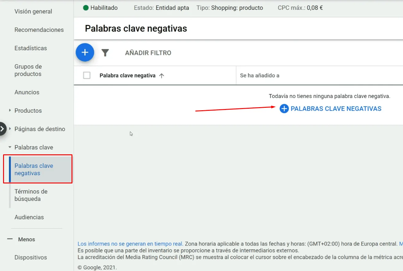 Añadir palabras negativas en Shopping
