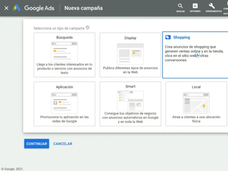 Tipo de campaña: Google Shopping