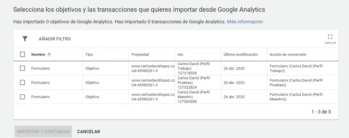 Elegir objetivos y/o transacciones Analytics