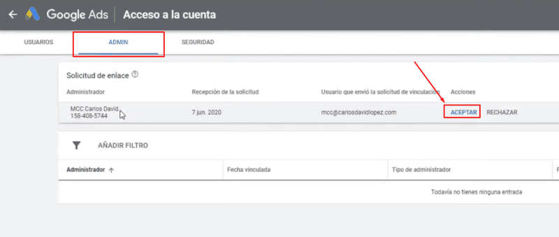 Aceptar vinculación cuenta Google Ads con MCC