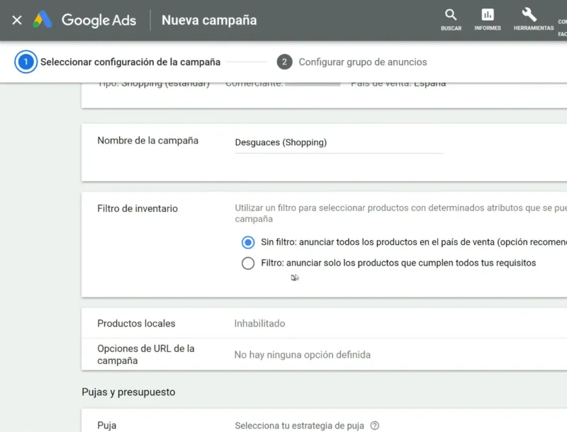 Configuración general campaña Google Shopping