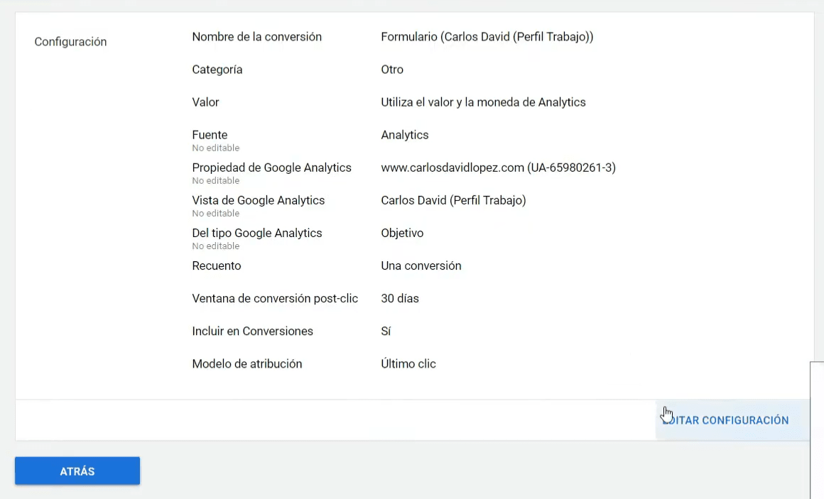 Configurar acción de conversión