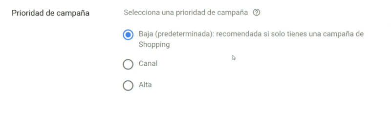 Prioridad de la campaña de Shopping