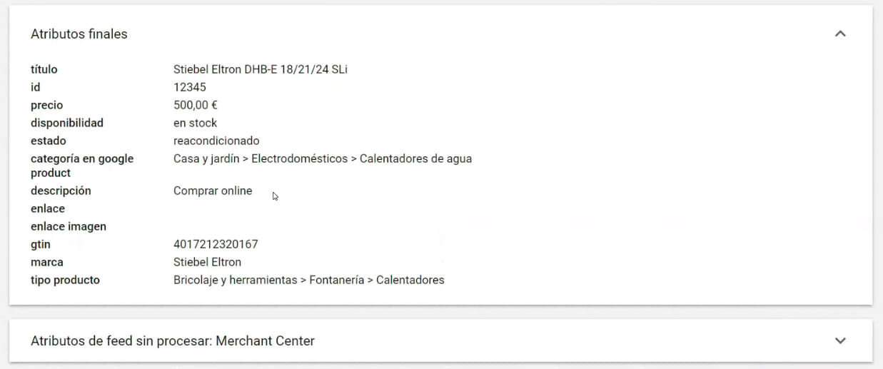 Revisión de atributos Merchant Center