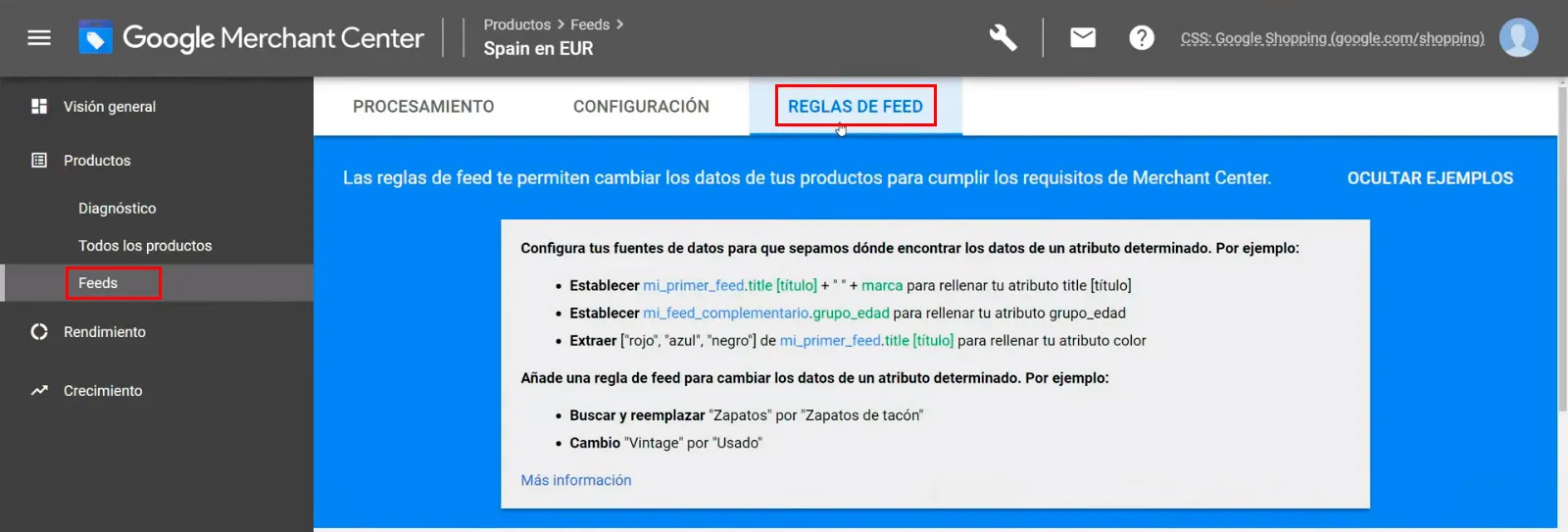 Acceder a las reglas del feed de productos de Merchant Center