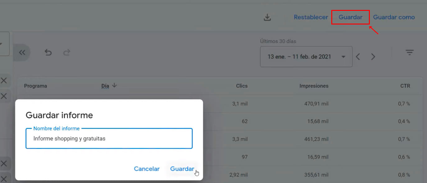 Guardar Informes Merchant Center
