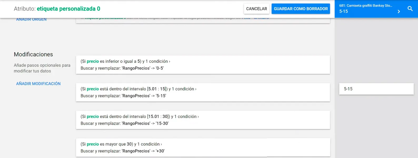 Agrupar productos por rango de precios - resto de rangos