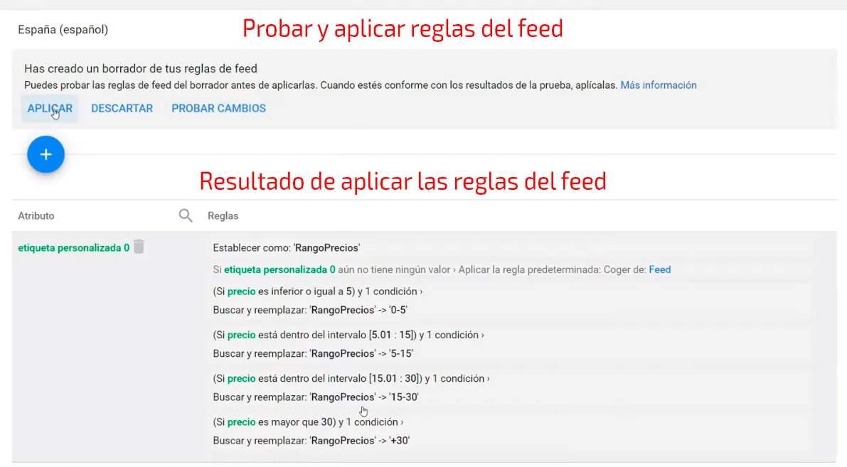 Probar y aplicar las reglas del feed