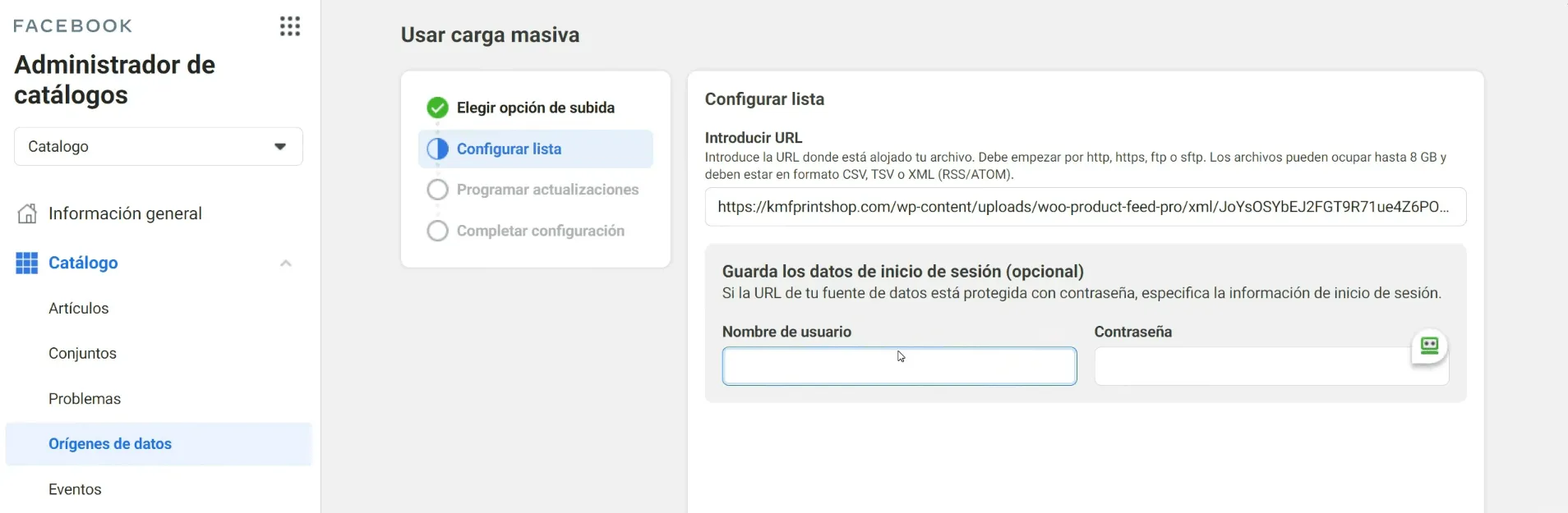 Configurar lista para vender en Facebook