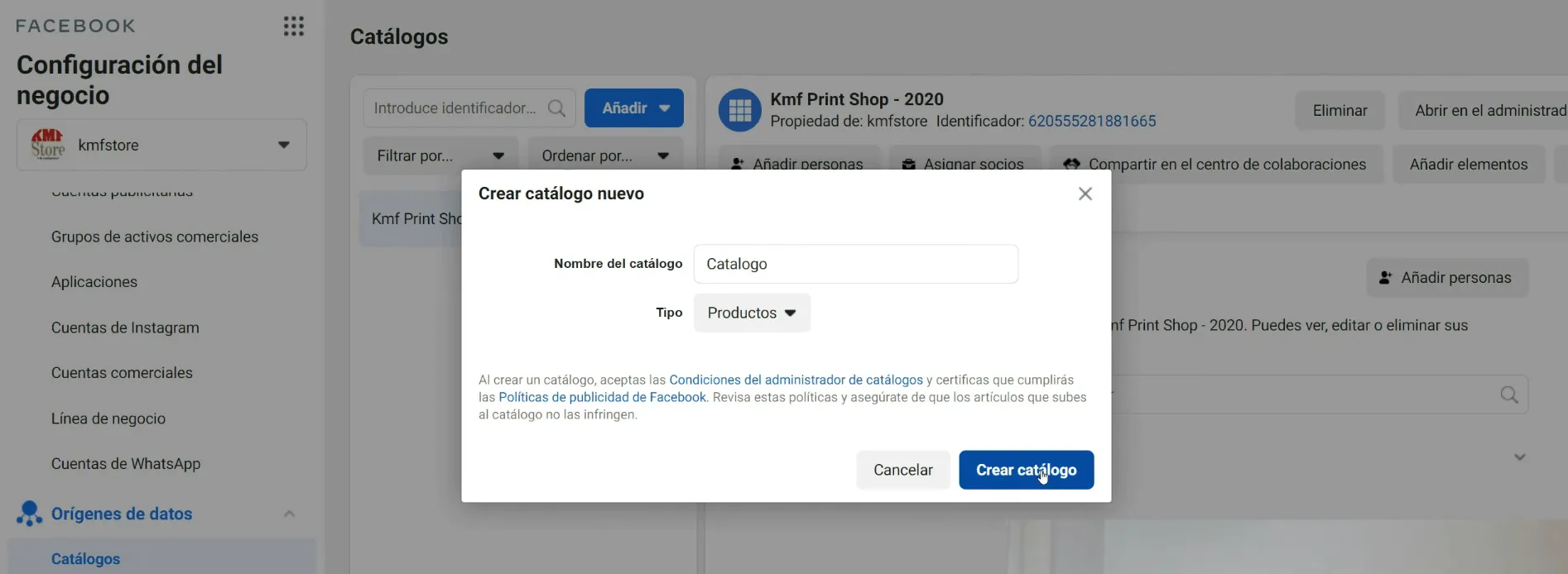 Crear nuevo catálogo para vender en Facebook