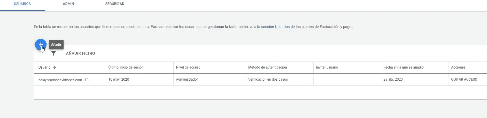 Añadir usuarios en Google Ads