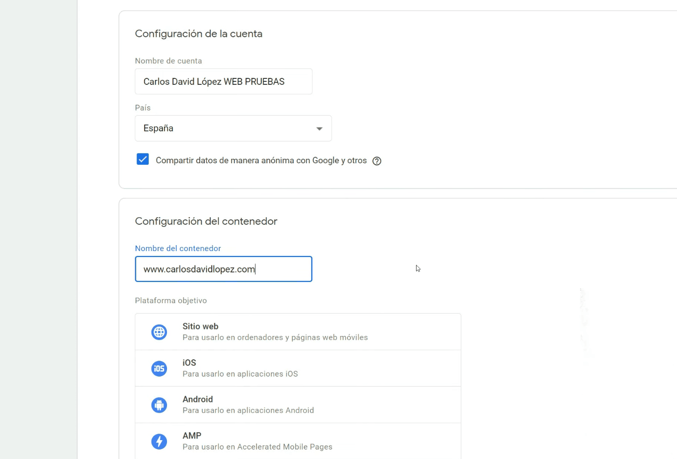 Configurar contenedor Google Tag Manager