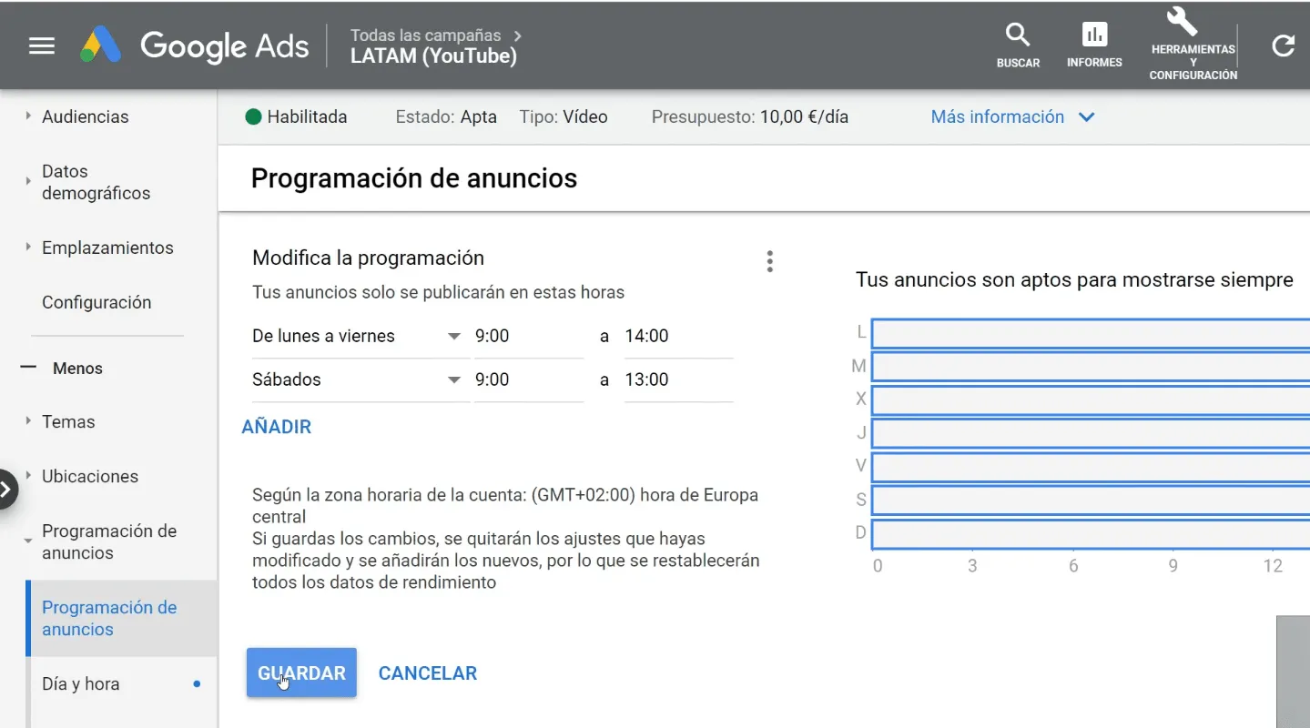 Establecer días y horarios de anuncios