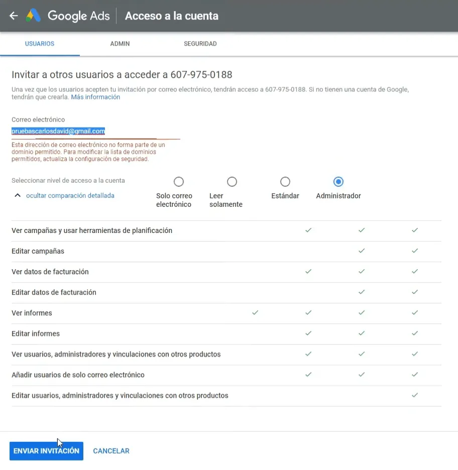 Invitar a otros usuarios (verás el error que da)
